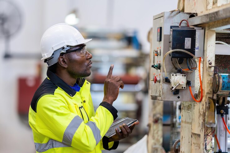Photo american male engineers in helmets and vests conduct closeup inspections of circuit boards at the industrial plant employing tablets for enhanced control in plastic and metal operations