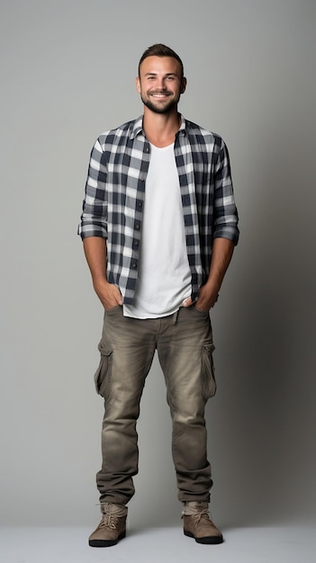 American man in casual clothes standing smiling Full body shot