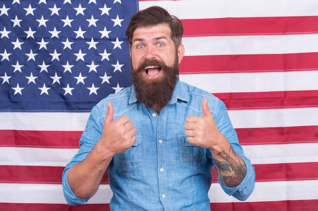 American man journalist reporter USA flag background promoting ideas concept