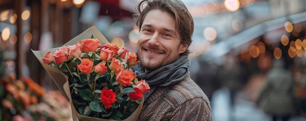 American man staring at the camera smiling and holding a bunch of roses