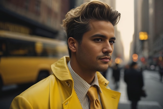 Foto uomo americano in un elegante abito giallo che cammina per strada