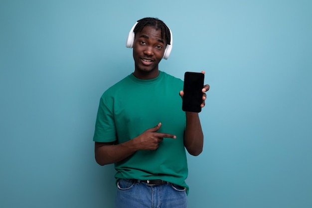 American man with wireless headphones and smartphone mockup