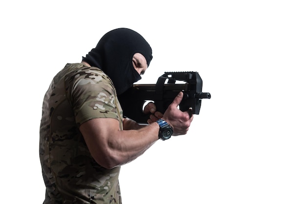 American Marine Corps Special Operations Modern Warfare Soldier With Mask Fire Arm Weapon Ready for Battle on White Background