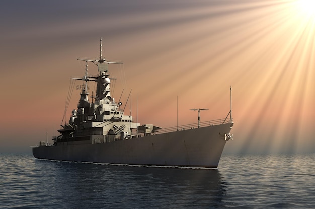 Photo american modern warship in rays of the sun