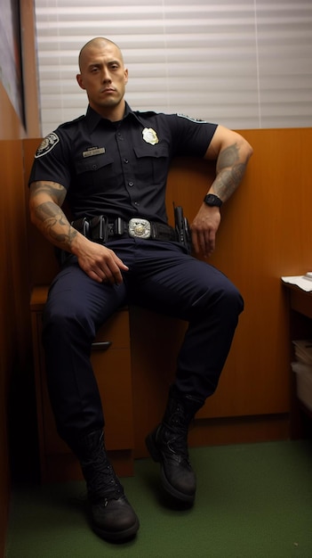 American muscled cop at the police station generative ai