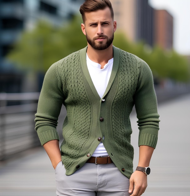 The American muscular is wearing a green cardigan