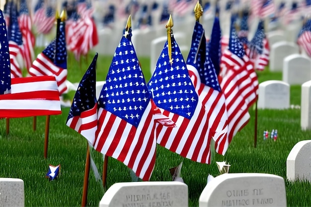 Photo american national flags on veteran tombstones