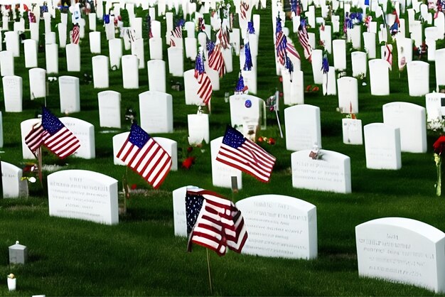 Photo american national flags on veteran tombstones