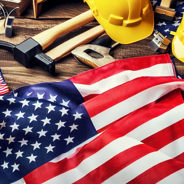 アメリカの祝日アメリカの星条旗と国旗と木製の背景に建設と製造ツール労働者の日の背景コンセプト