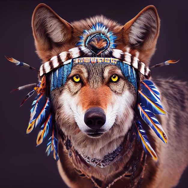 Photo american native wolf with feathers portrait 3d rendering