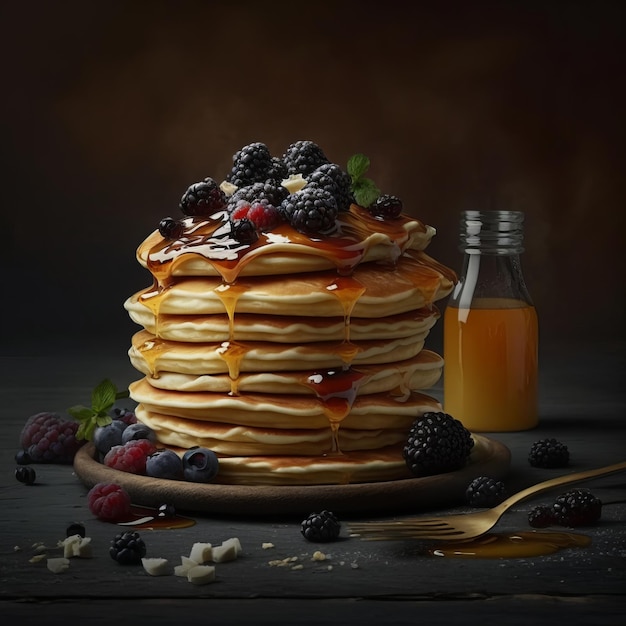 American pancakes with berries and maple syrup on isolated on dark background