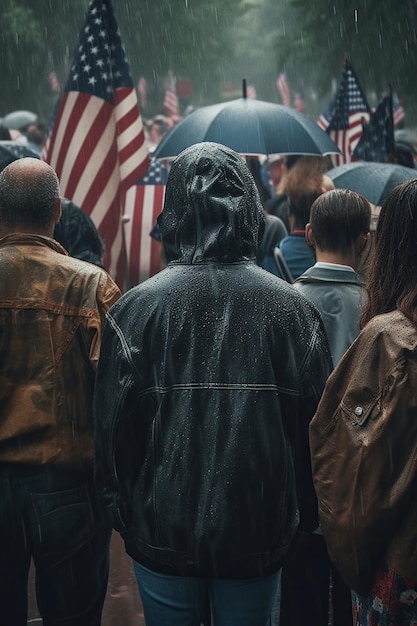 American people stand with their backs looking usa flag