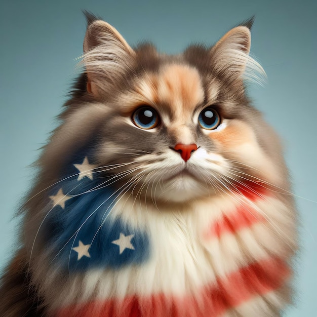 American persian cat with american flag on blue background 3d illustration