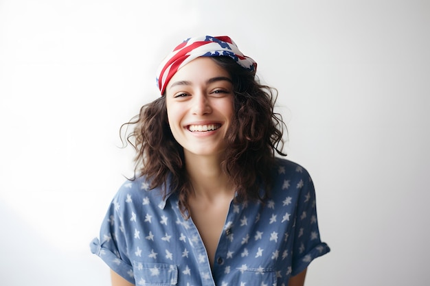 american person wearing patriotic headband with flags