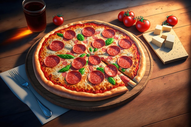 American pizza with mozzarella tomato sauce and pepperoni Pizza at dawn on a wooden table