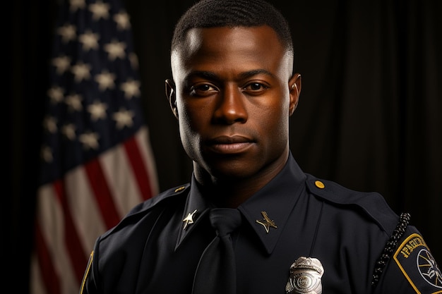 american police officer with a serious expression.