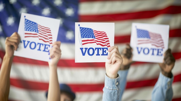 Foto un elettorato politico americano tiene in alto un cartello di voto contro una bandiera americana