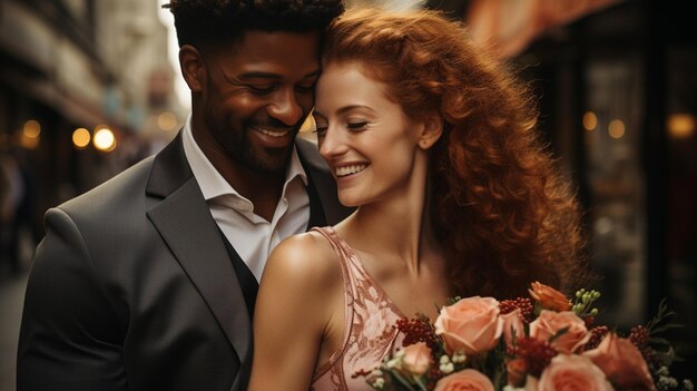 Photo american and redhead woman hugging and kissing in the evening in the old town