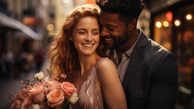 Photo american and redhead woman hugging and kissing in the evening in the old town