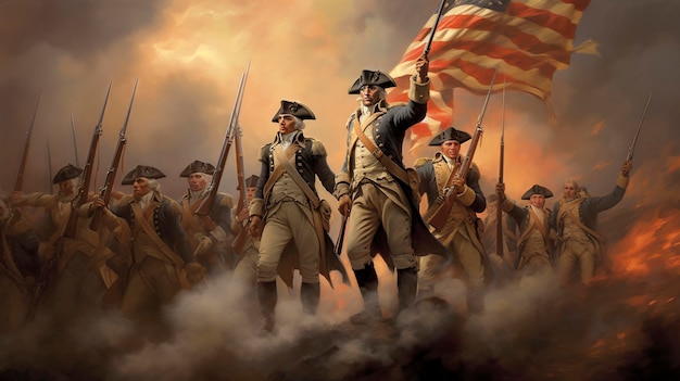 Американская революция, война за независимость, поле боя, лошади, пушки и американский флаг