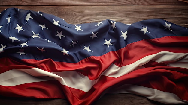 Foto bandiera americana su sfondo di tavolo in legno