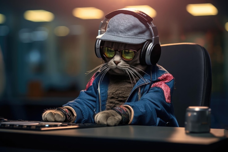 Photo american shorthair cat dressed as a rapper at work