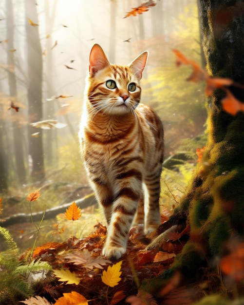 American Shorthair Cat walking in autumn forest generated by AI