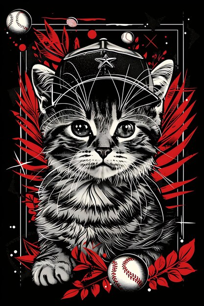 American Shorthair Cat With Playing Pose and Wearing a Baseb Frame Art Design Illustration Design