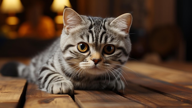 American Shorthair cat on the wooden table