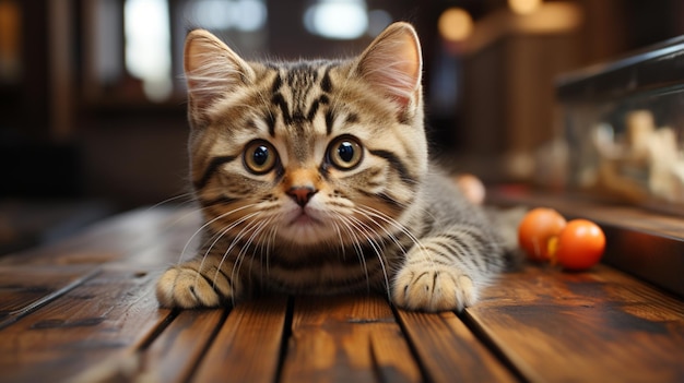 American Shorthair cat on the wooden table