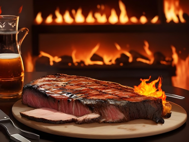 American slice steak at the bar with fire background