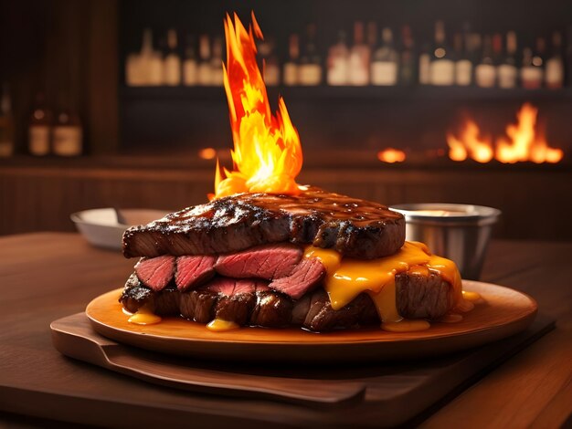 American slice steak at the bar with fire background