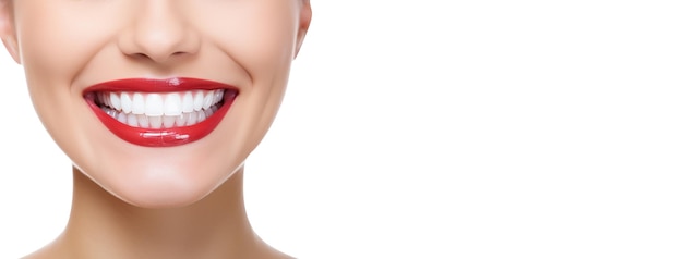 アメリカン スマイル コピー スペースと白い背景に白い歯で口を微笑む女性