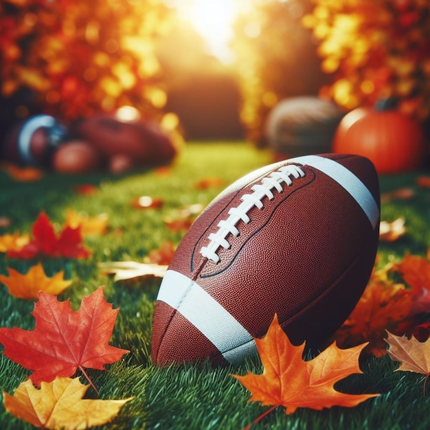 American soccer ball in a oak leaves grass ground