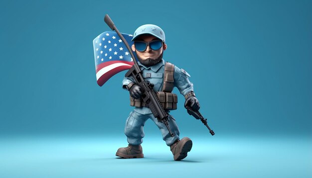 밝은 파란색으로 걷는 포즈를 취하는 미국 국기를 들고 넓은 눈을 가진 미국 군인 캐리커처 캐릭터