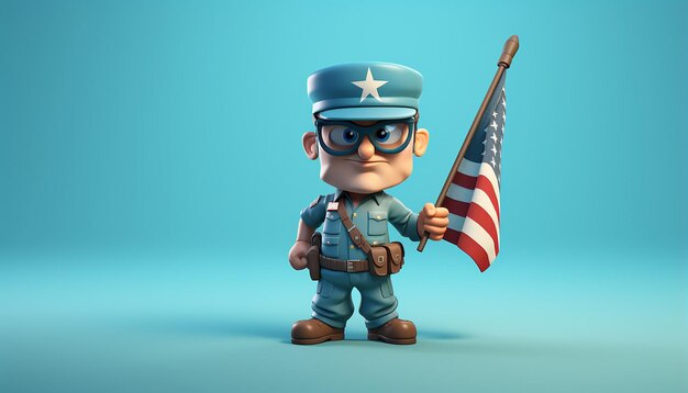 american soldier caricature character with wide eye with american flag walking pose with light blue