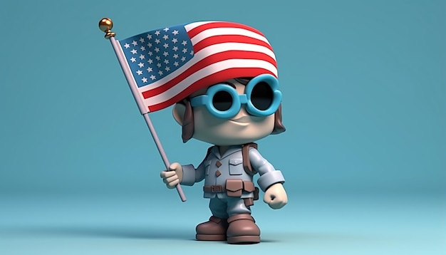 American soldier caricature character with wide eye with american flag walking pose with light blue