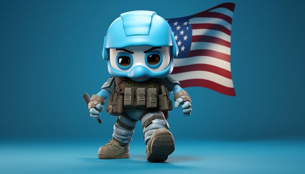 American soldier caricature character with wide eye with american flag walking pose with light blue