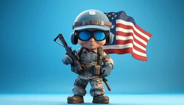 American soldier caricature character with wide eye with american flag walking pose with light blue