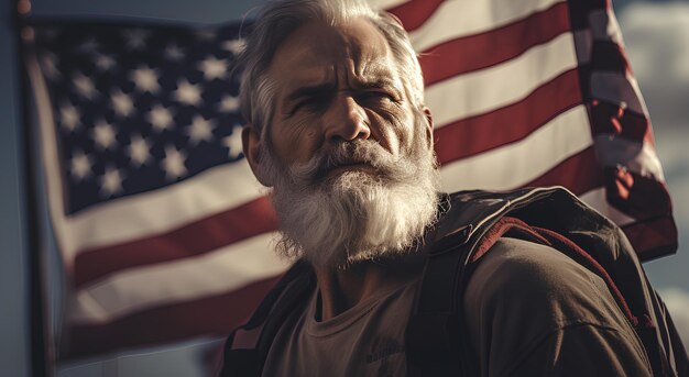 Photo american soldier holding the american flag with respect american independence day