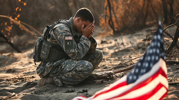 アメリカの兵士が悲しんで祈り彼の前にはアメリカ国旗がありました