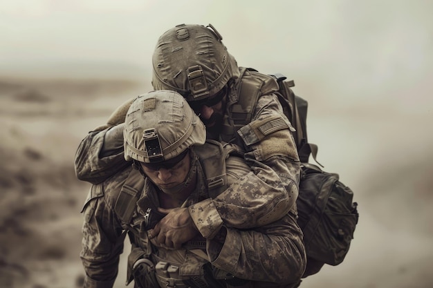 American soldier rescuing a wounded comrade during an explosion