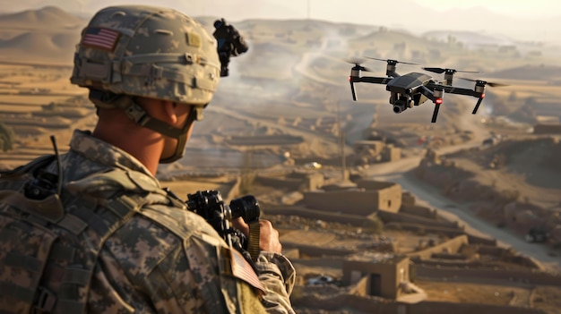 Photo american soldier uses small drone for surveillance military man controls modern uav during war concept of us army intelligence warfare technology usa