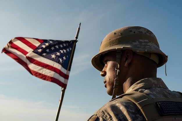 An American soldier with an American flag in his hand looks out into the clear weather for Day of Re