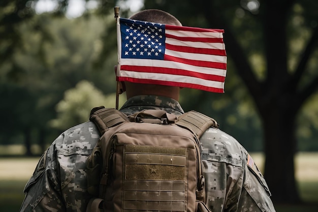 Американский солдат с американским флагом в руке смотрит в ясную погоду на День Ре