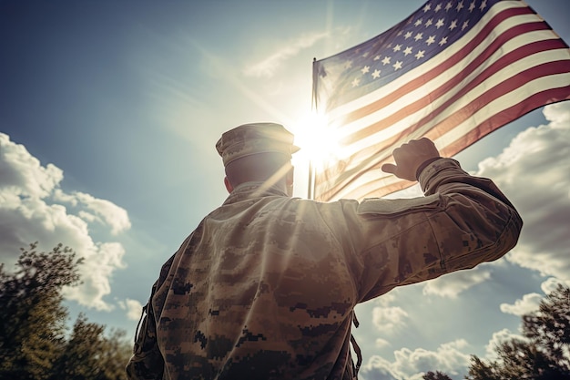 Photo an american soldier with an american flag in his hand looks out into the clear weather for day of remembrance or july 4 day of remembrance generative ai