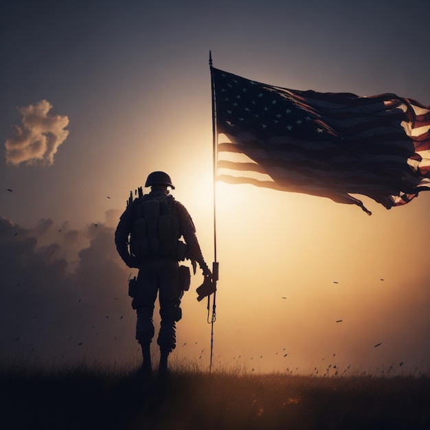 An American soldier with the flag of the United States of America