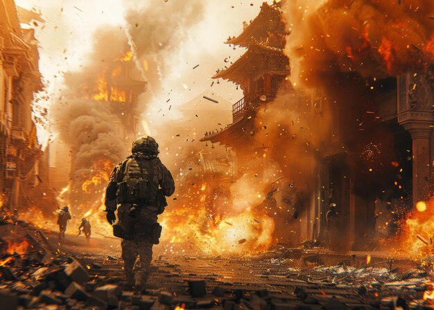 Photo american soldiers walking on the destroyed city street