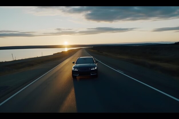 American sport car on the background of sunset and palm trees Neural network AI generated