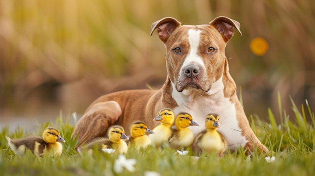 American Staffordshire terrier hond met kleine eendjes